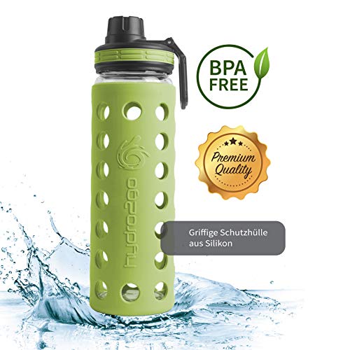 hydro2go Glas-Trinkflasche 550 ml mit Silikonhülle und 2 Deckeln, BPA-frei – Ansicht 2