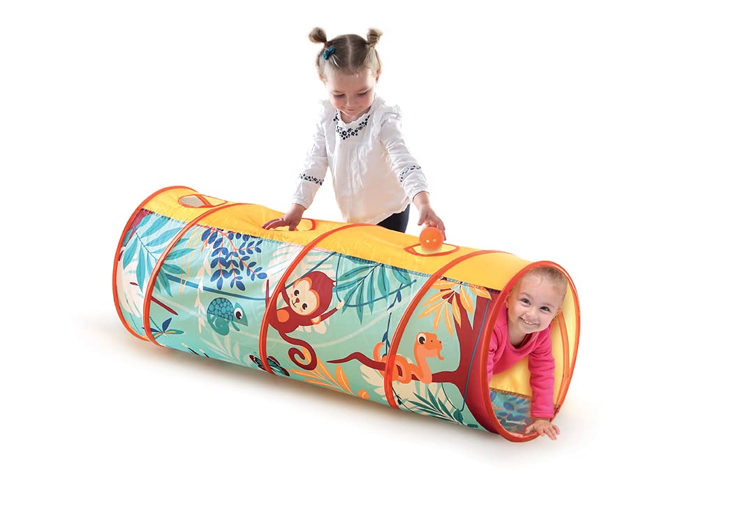 LUDI - Tunnel de Jeu - Dès 2 Ans - Thème Jungle - Léger et Pliable - Utilisation intérieur et Extérieur - Développe la motricité - 42x120cm