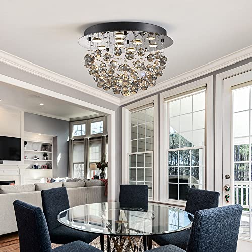 Saint Mossi 9-Lights Modern K9 Crystal Chandelier Light Fixture,Flush Mount Ceiling Light, Perfect for Bedroom, Dining Room, Living Room, H13" x D20", Smoky Grey Crystal & Pearl Black Finish