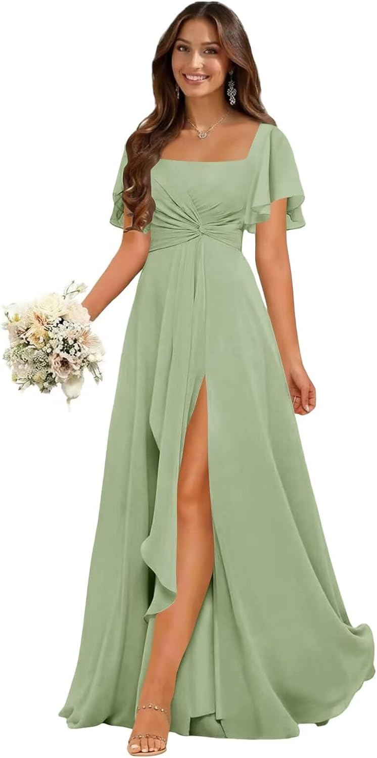 Flutter Sleeves Ruffles Chiffon Bridesmaid Dresses for Women Square Neck Ruched Formal Evening Gowns with Slit