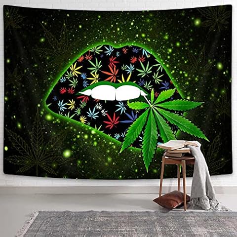 Bzhilja Weed Tapestry, Trippy Women Girl Sexy Lips Green Marijuana Leaf Wall Tapestries, Psychedelic Cool Hippie Tapestry Wall Hanging for Bedroom Living Room Dorm, 60X40 in Cover