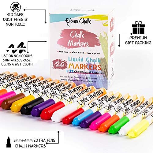 Premium Chalk Pens - 62 Pcs Marker Pens Art Set for Kids Adult20 Colour with Free 32 Chalkboard Stickers for Bistro Boards Non Porous Chalkboard, Glass & Window Erasable Paint Markers