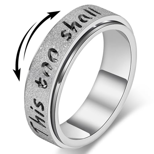 LuckyAmor Fidget Spinner Ring for Women - THIS TOO SHALL PASS Stainless Steel/18K Gold/Silver Anxiety Rotating Inspirational Band Ring for Stress Relief (Silver, 8) by LuckyAmor - Used condition - US$7.99