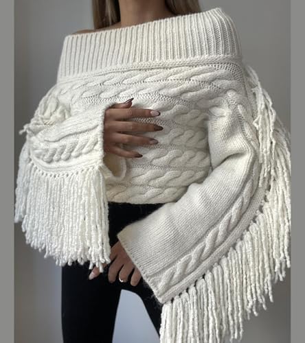 Unybwonn Women Off The Shoulder Fringe Cropped Sweater Long Sleeve Sexy Pullover Y2k Cute Streetwear Knit Tassel Top3