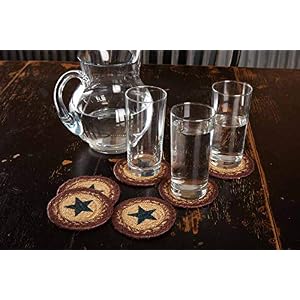VHC Brands Potomac Star Textured Jute Primitive Tabletop Kitchen Stenciled Round Coaster Set of 6 Natural Tan