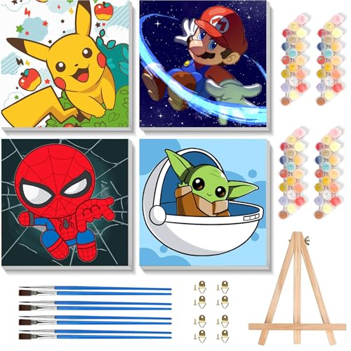 KOJEFCV 4 Pack Cartoon Paint by Numbers for Kids with Framed Canvas-with Wooden Easel Paint by Number for Kids Ages 4-8-12 DIY Easy Acrylic Oil Painting Kits for Home Wall Decor (8X8inch)