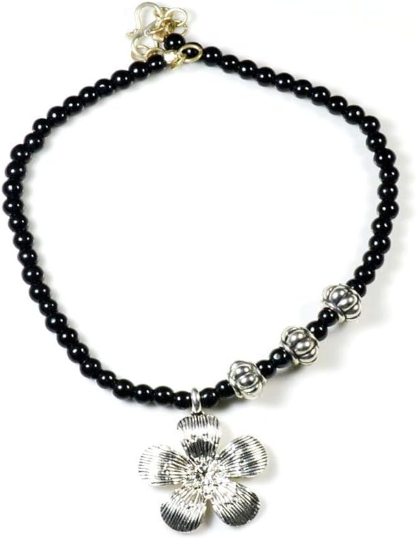 Adjustable Black Moti Anklet with Chain Oxidised Flower Hanging Beach Foot for s Jewelry