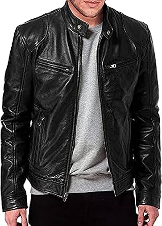 Mens Cafe Racer Black Leather Jacket | Motorcycle Black Real Lambskin Leather Jacket