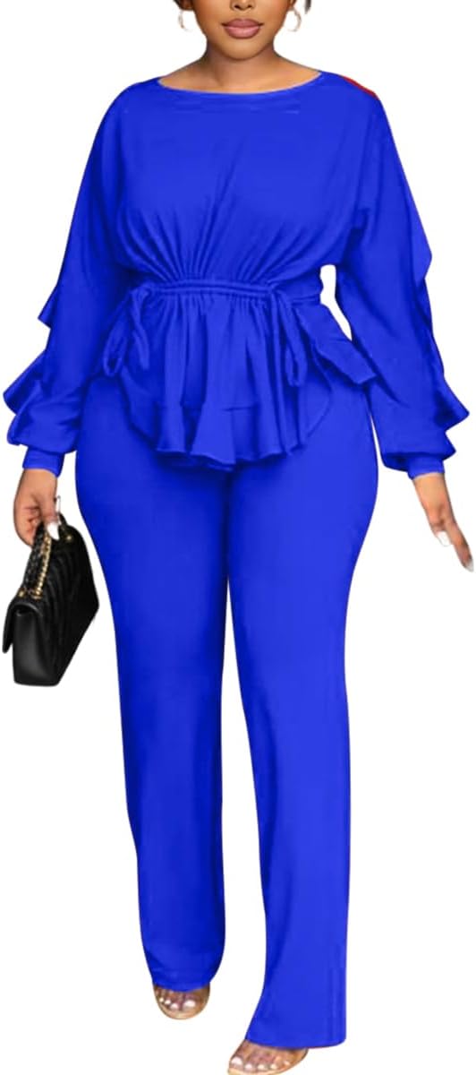 knowfashionstyle Women'S 2 Piece Outfits Suit Set Long Sleeve Peplum Top Pants Sets Casual Pantsuits Elegant Business Suit