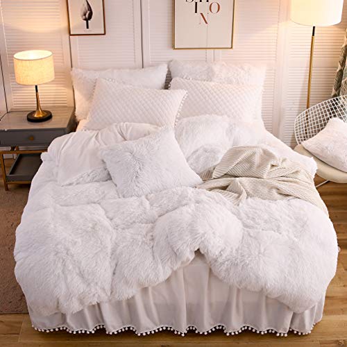 Image of LIFEREVO Luxury Plush Shaggy Duvet Cover Set, Ultra Soft Fluffy Furry Duvet Cover Set(1 Faux Fur Fuzzy Comforter Cover + 2 Pom Poms Velvet Pillow Cases) Solid Bedding Set, Zipper Closure(King, White)