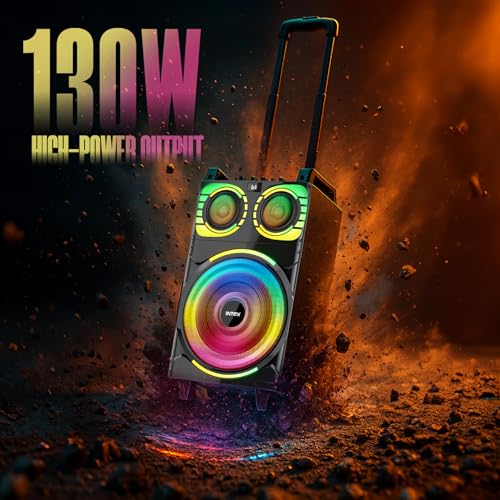 Image of Intex Thriller 1300 Bluetooth Trolley Speaker 130W with Dual Wireless Mic, RGB Lights, USB /SD /AUX /FM, Remote Control, Rechargeable Battery, Portable Party Speaker with Handle & Wheels for Outdoor Use