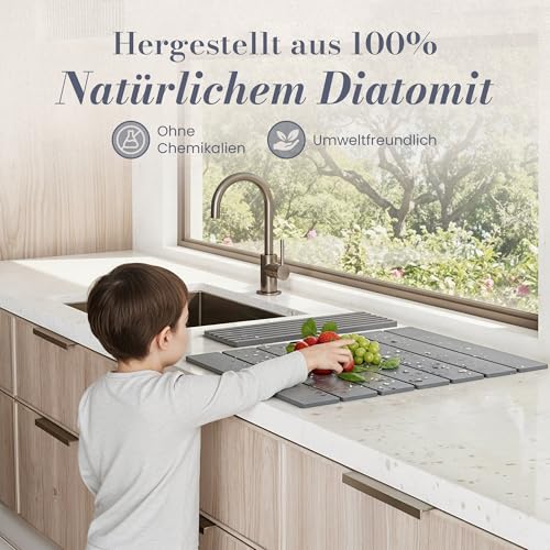 Chandelita Abtropfmatte Stein aus Diatomit – Faltbar 40×30 cm mit 30×10 cm Abtropfgestell & 2 Schleifpads – Stone Drying mat Kitchen, Schnell Trocknend, Antibakteriell, Rutschfest für Küche und Gläser