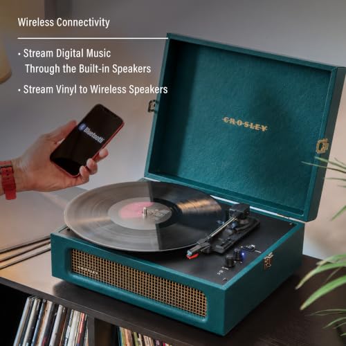 Image of Crosley CR8017B-DT Voyager Record Player, Dark Teal | 3-Speed Turntable, Bluetooth In / Out, Built-in Full-Range Stereo Speakers, Adjustable Pitch Control