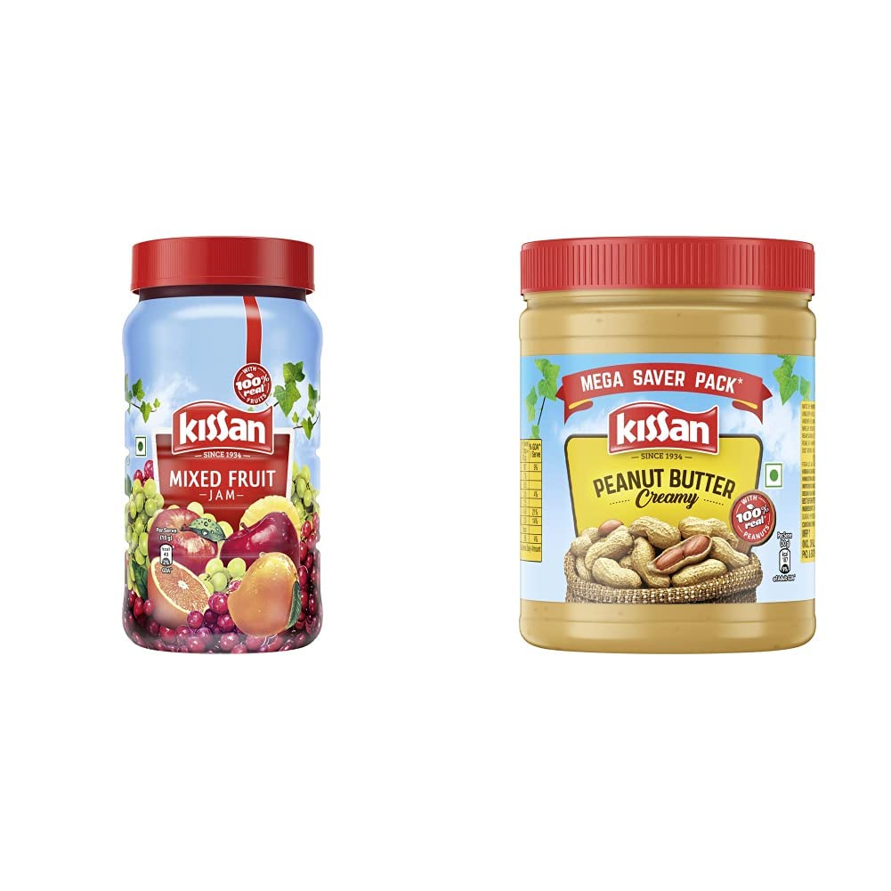 Kissan Mixed Fruit Jam 1 Kg Bottle, With Real Fruit Ingredients + Kissan Creamy Peanut Butter | High Protein | With Perfectly Roasted Peanuts | Naturally Gluten Free, 920 g