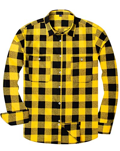 Alimens & Gentle Men's Button Down Regular Fit Long Sleeve Plaid Flannel Casual Shirts, Bright Yellow Plaid, Large