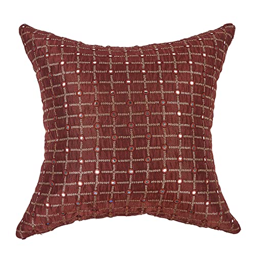 Image of Brown Cushion Covers with Embroidery Work, Embroidered Cushion Cases 18x18 Set of 2, Silk Pillow Covers for Sofa and Couch, Fancy Kushan 18 inches