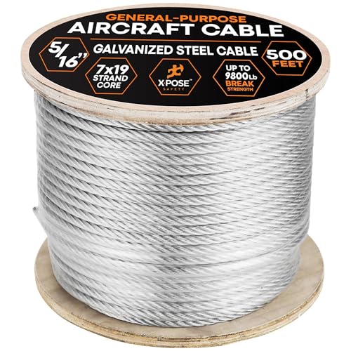Image of Xpose Safety 5 /16 inch Galvanized Steel Aircraft Cable Wire - 500 ft Reel, 7x19 Strand, 9,800 lb Break Strength - for Pulley System, Winch, Marine, Deck Railing, Fencing, Zipline