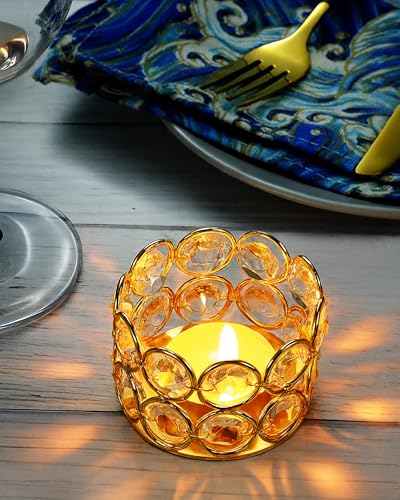 Image of Homesake Crystal Tea Light Candle Holders, Votives Bowl Candle Holders for Home Decoration, Diya Diwali Lights Centerpieces for Wedding Home Party Table Decoration, (Gold Set of 4)