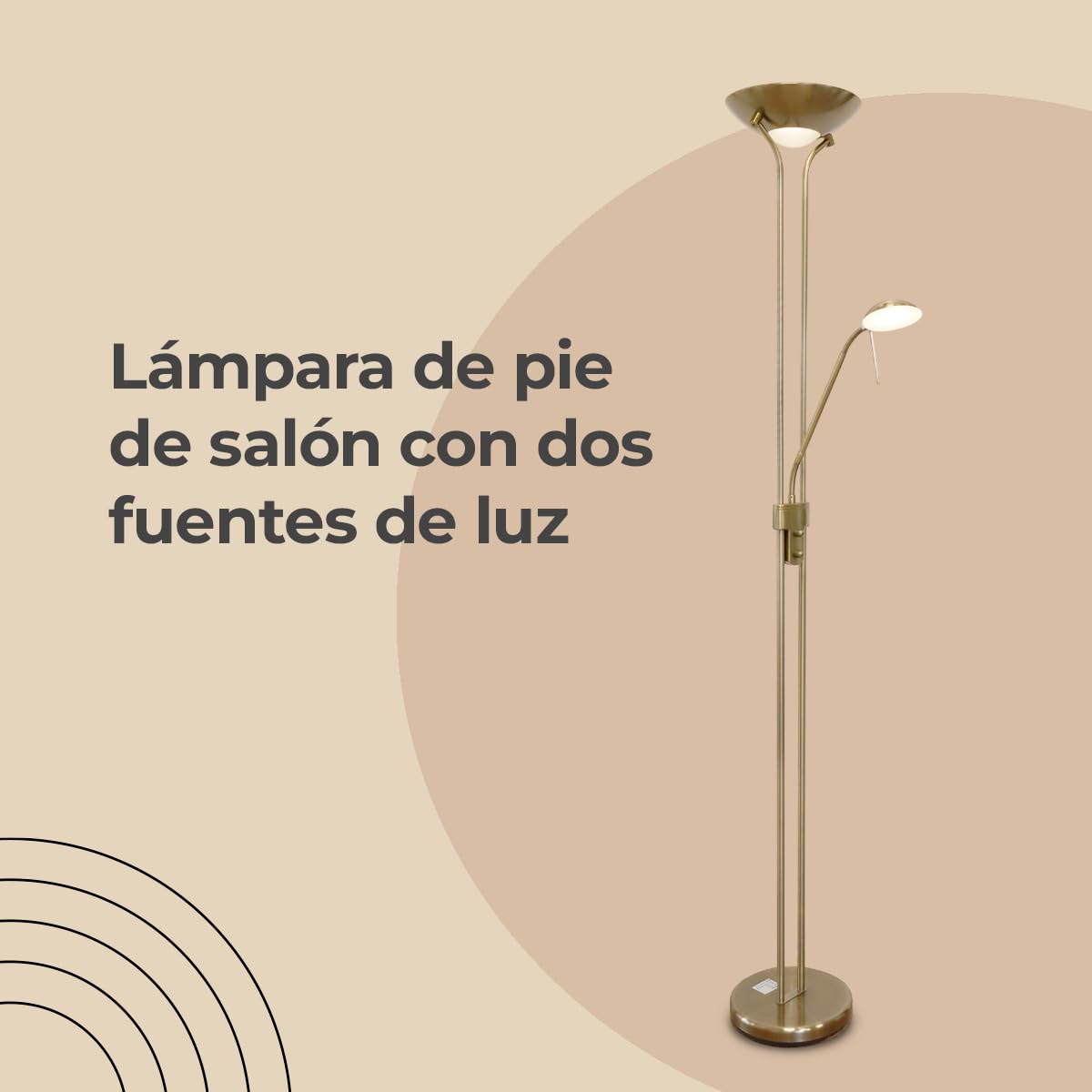 Els Banys Lámpara pie salón LED SMD metal oro viejo. pantalla superior 17W-3000k-1600 lumens. Lector articulado 5W, 3000K, 450lumens. H180cm Ancho 50cm. Luz regulable. IP20 uso interior