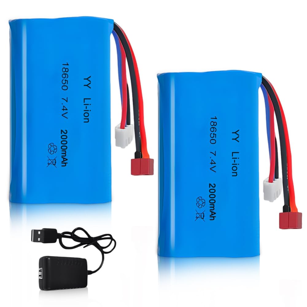 Batteria Lipo 7.4, Batteria Lipo 2s Ricaricabile da 2000 Mah da 2 Pezzi con Spina Deans T e Spina Xh-3P, Lipo 2s con 1 Caricabatterie per Rc Auto Fuoristrada Aeroplano Elicottero Giocattolo