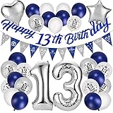 Beainfir Deko 13. Geburtstag Junge Mädchen, alles Gute zum 13. Geburtstag Girlande, 1 Wimpelkette Banner, Folienballon Zahl 13, 25 Latex Luftballons, für Dekoration Marineblau und Silber