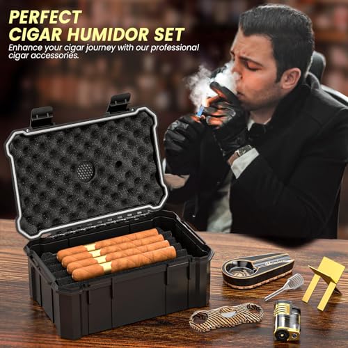 Travel Cigar Humidor Set with Torch Cigar Lighter, V Cigar Cutter, Cigar Ashtray, Cigar Holder, Humidifier & Hygrometer, Portable Travel Cigar Case with Cigar Accessories Kit, Cigar Gifts for Men - Image 4