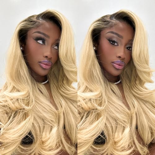Image of Ombre Blonde Bob Wig with Dark Roots Body Wave Wigs 20IN 200% Density | 13*4 UHD Lace Front Human Hair Wigs Ash Blonde Wave Wigs 100% Brazilian Remy Human Hair Double Drawn 613 Blonde Wig for Women