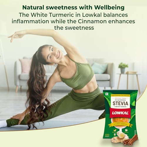 Image of LowKal Stevia Sachets, 100 Count | Natural, Tastes Great, Ideal For Travel | No Sugar-Spike Ingredients | With Gut-Friendly Turmeric & Cinnamon | Stevia Powder Sachets | Sugarfree Stevia