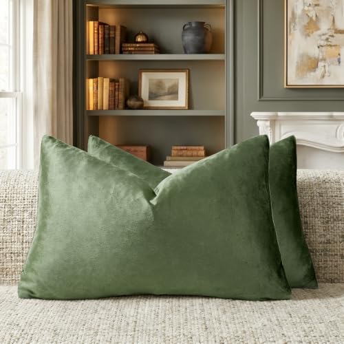 Image of GIGIZAZA 12x20 Olive Green Pillow Covers Velvet Lumbar Pillow Decorative Throw Pillows Couch Sofa Covers Bedroom Set of 2