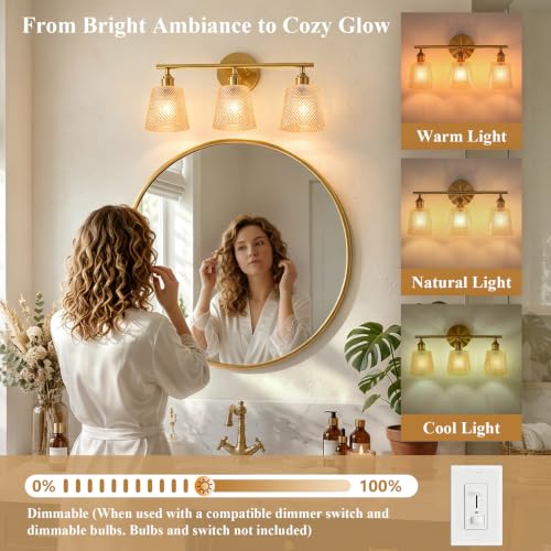 Image of Bathroom Light Fixtures, 3-Light Gold Bathroom Vanity Lights Over Mirror