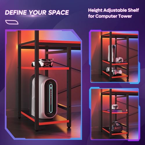 Image of Bestier Gaming Desk with Shelves, 61 Inch Large PC Gaming Table with LED Lights, Led Gamer Desk with 4 Tiers Reversible Storage Shelves for Game & Bedroom Room (Black Grained)