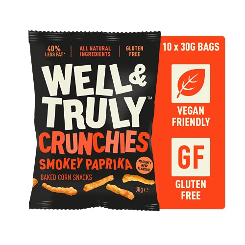 WELL&TRULY: Smokey Paprika | Baked Corn Snacks - Gluten Free - Plant Based & Vegan - No Added Sugar - Less Fat - Healthy Snack - (Box of 10 Bags, 30g Each)