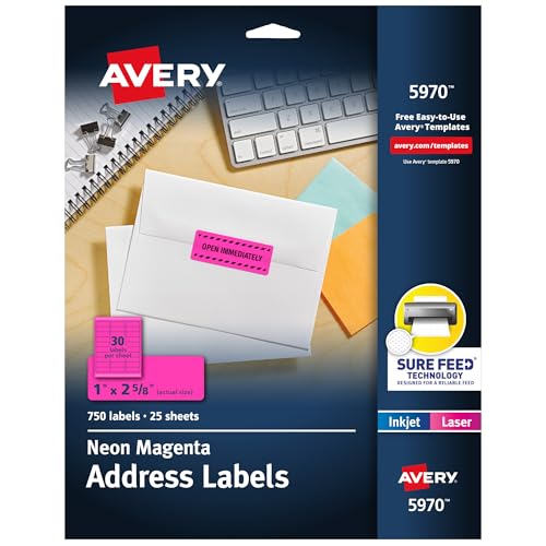 Image of Avery Printable Address Labels with Sure Feed, 1 inch x 2-5 /8 inch, Neon Magenta, Laser & Inkjet Compatible, 750 Blank Labels Total, Great for Branding, Mailing, Organizing, and More (5970)