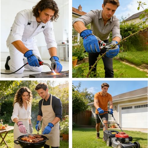 Image of WZQH Leather Work Gloves for Men or Women. X-Large Glove for Gardening, Tig /Mig Welding, Construction, Chainsaw, Farm, Ranch, etc. Cowhide, Soft Lining, Utility, Firm Grip, Durable. Blue-Grey XL