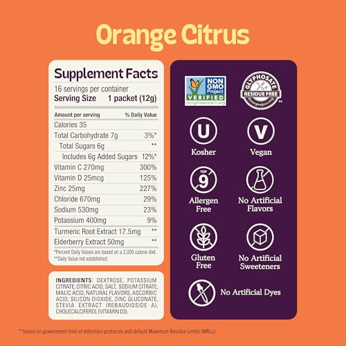 Image of KinderFarms Kids Immunity Supplement Electrolyte Powder - Drink Mix Packets with Vitamin C (Orange Citrus, 16 Count), No Artificial Dyes, Sweeteners or Flavors - Vegan, Non-GMO, Gluten-Free, FSA-HSA