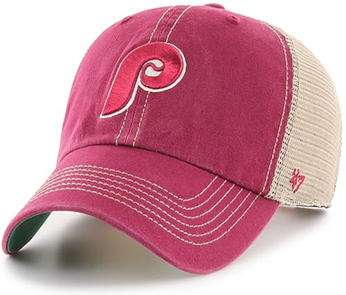 47 MLB Trawler Primary Logo Cooperstown Mesh Trucker Clean Up Adjustable Hat, Adult One Size Fits All - Philadelphia Phillies Burgundy