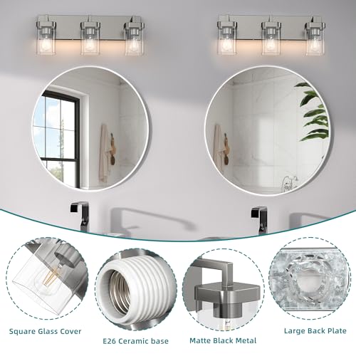 Image of 3-Light Bathroom Light Fixtures, Brushed Nickel Vanity Lights for Bathroom, Kitchen, Living Room, Modern Bathroom Vanity Lights with Clear Glass Shades