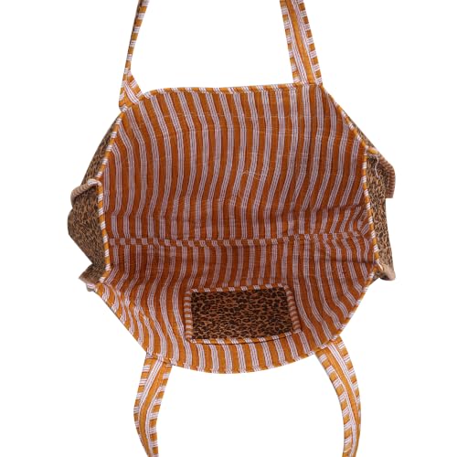 Image of Cotton Tiger Block Print Tote Bag, Indian Handmade Shopping Shoulder Bag, Unisex Market Daily Use