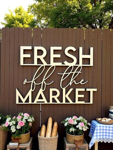 Wooden Fresh off the Market Sign for Backdrop, Bridal Shower Decorations for Floral Bachelorette Engagement Party Farmers Market Decor Banner