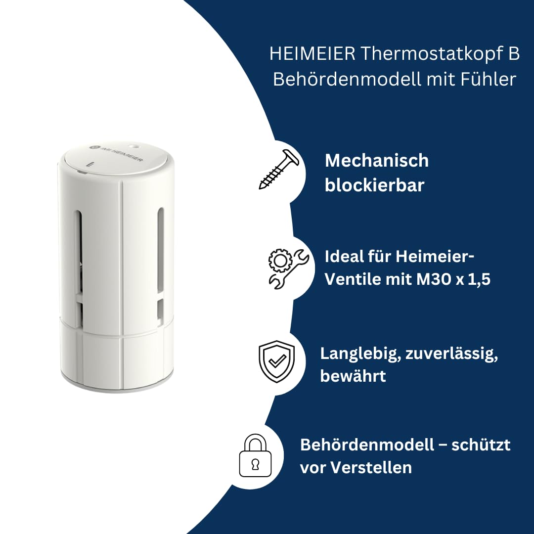 Thermostat-Kopf B Behördenmodell mit eingebautem Fühler + Entlüftungsschlüssel 5 mm Vierkant Metall – 1 Stück Heizkörper-Thermostat Set, präzise Regelung