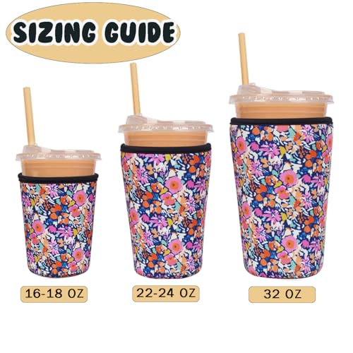 Image of Reusable Insulated Neoprene Iced Coffee Cup Sleeve, Durable Drink Sleeve for Cold Beverages, Beverage Holder for Iced Coffee (Bloom Frenzy)