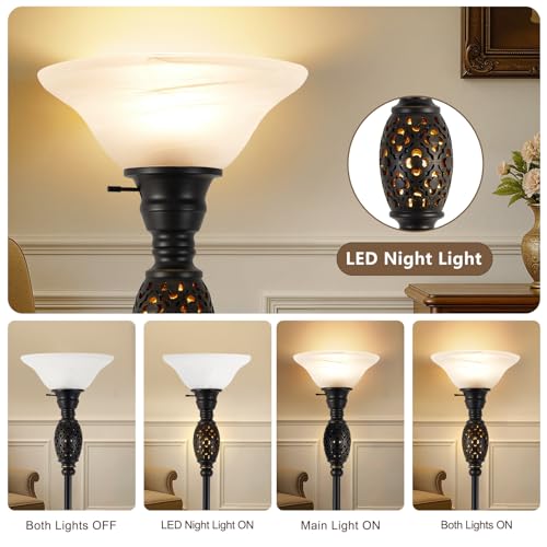 Vintage Floor Lamp with Nightlight, 70" Rustic Standing Lamp with Glass Shade, Victorian Style Tall Lamp Decor for Living Room Bedroom Study Home Office Corner (Bulb Included) - Image 4