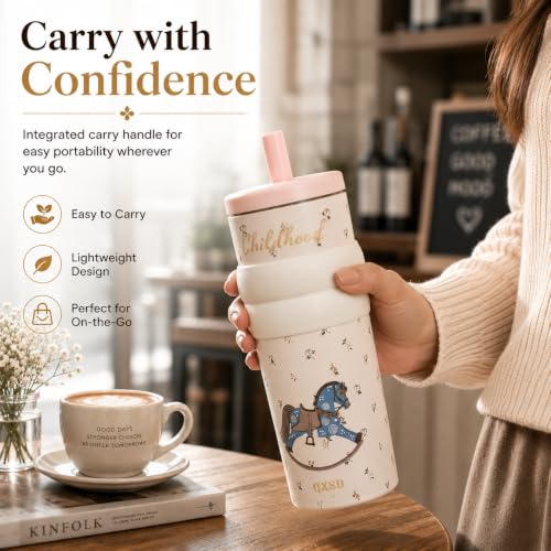 Image of Vasukie Stainless Steel Travel Tumbler with Straw and Lid, Vintage Rocking Horse Thermal Coffee Cup, Leakproof Water Bottle for School, Office, Car, Cottagecore Gift for Girls & Women (700ML)