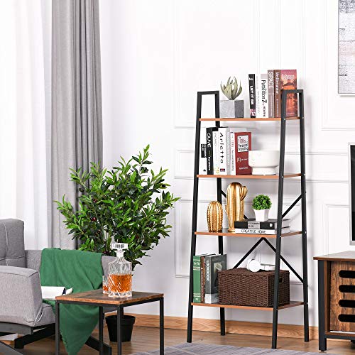 Homcom Industrial 4 Tier Ladder Shelf Bookshelf Vintage Storage Rack Plant Stand With Wood Metal Frame For Living Room Bathroom, Black/Distressed Brown #TOP1