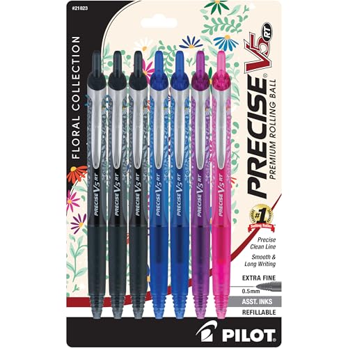 Pilot, Precise Premium Rolling Ball Pens, Floral Collection, Extra Fine Point 0.5 mm, 7 Pack, Ultra-Smooth Writing, Assorted Designs