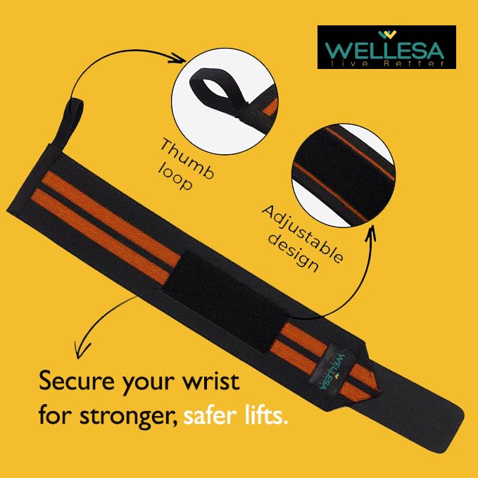 Image of Wellesa Wrist Support for Gym Workout | Wrist Band for Pain Relief & Weight Lifting | Wrist Wrap for Men & Women | Wrist Brace | Gym Accessories | One Size (Orange 2 Line)