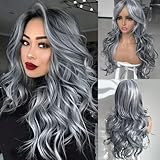 Jadeadyseg Silver Gray Wigs for Women Long Layered Ombre Gray Highlight Wig Synthetic Light Gray with Curtain Bangs for Black White Women Long Ombre Gray Natural Body Wave Middle Part 24Inch
