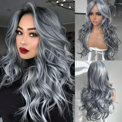 Jadeadyseg Silver Gray Wigs for Women Long Layered Ombre Gray Highlight Wig Synthetic Light Gray with Curtain Bangs for Black White Women Long Ombre Gray Natural Body Wave Middle Part 24Inch
