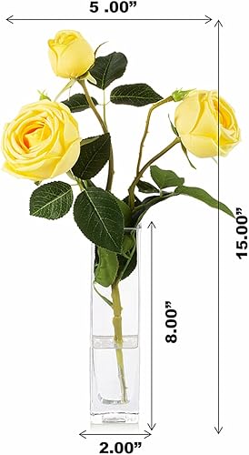 Miniatura 9 de Flores artificiales de seda en jarrón de cristal, arreglo de rosas sintéticas en jarrón alto con agua sintética para decoración de mesa de comedor
