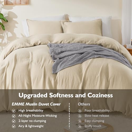 Image of EMME Muslin Cotton Duvet Cover Set Queen Size Linen Like Soft Breathable Lightweight Summer Comforter Cover Set with Zipper Closure (Queen, 90 inchx90 inch)
